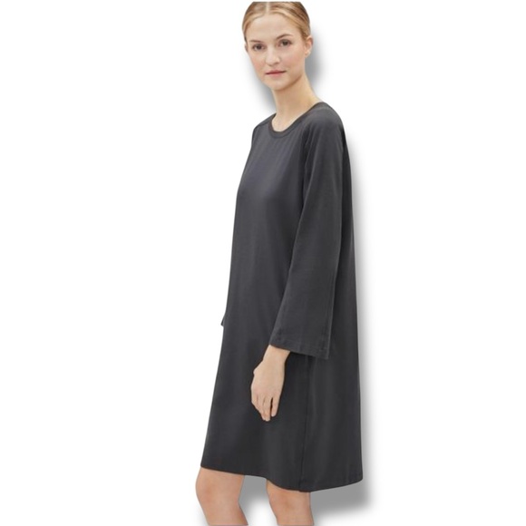Eileen Fisher Graphite Cotton Stretch Jersey Round Neck Dress - Picture 1 of 11
